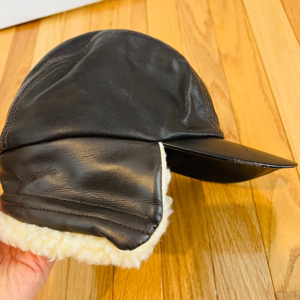 Vintage Broner Leather Hat Cap Lambskin Flyer Bomber Trapper Size Medium